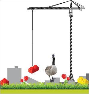 Lego blocks, crane and Canada goose